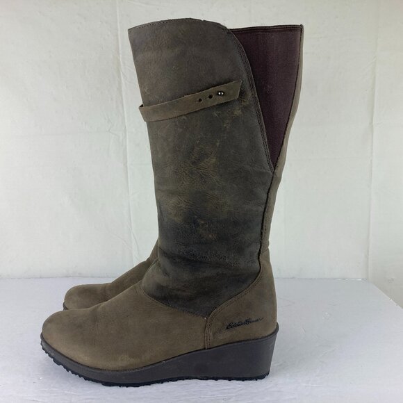 Eddie Bauer Womens 11 Brown Nubuck Leather Tall Vibram Sole Boots Waterproof - Picture 1 of 9
